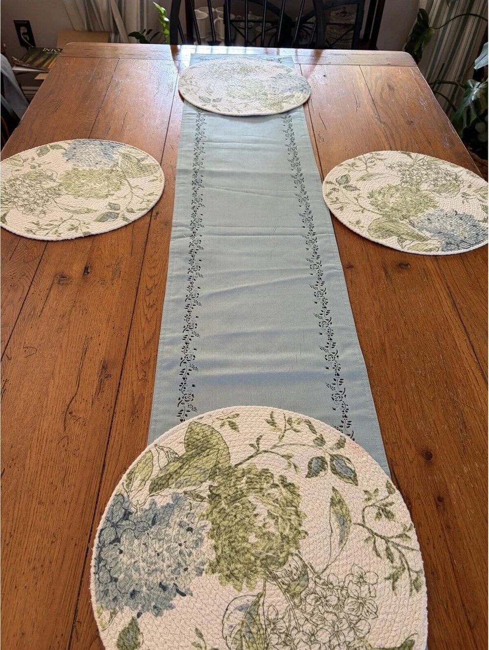 Vintage Style Table Runner Solid Blue Green With Cutwork Floral Border  12x68”